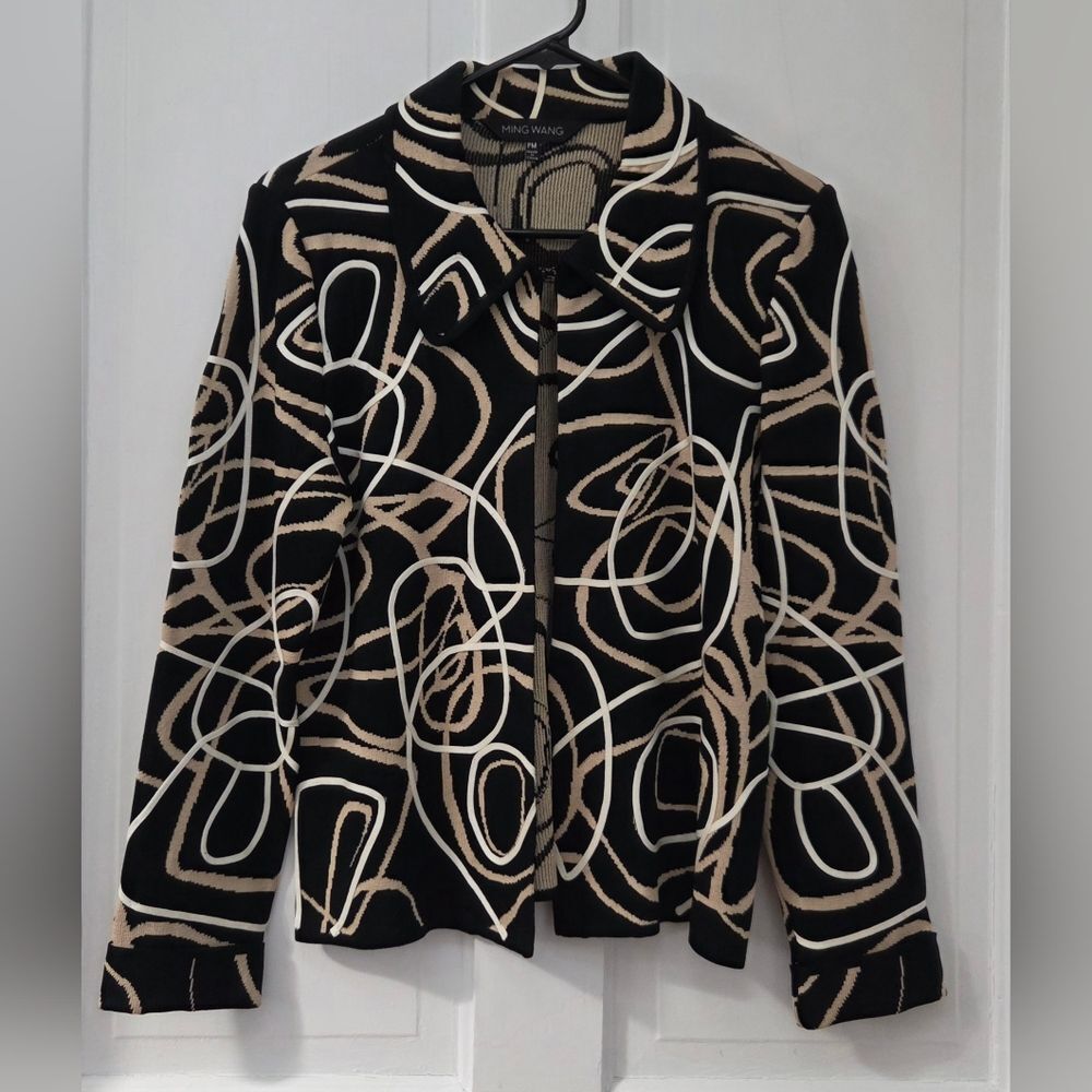 Ming Wang Open Front Knit Abstract Print Jacket PM